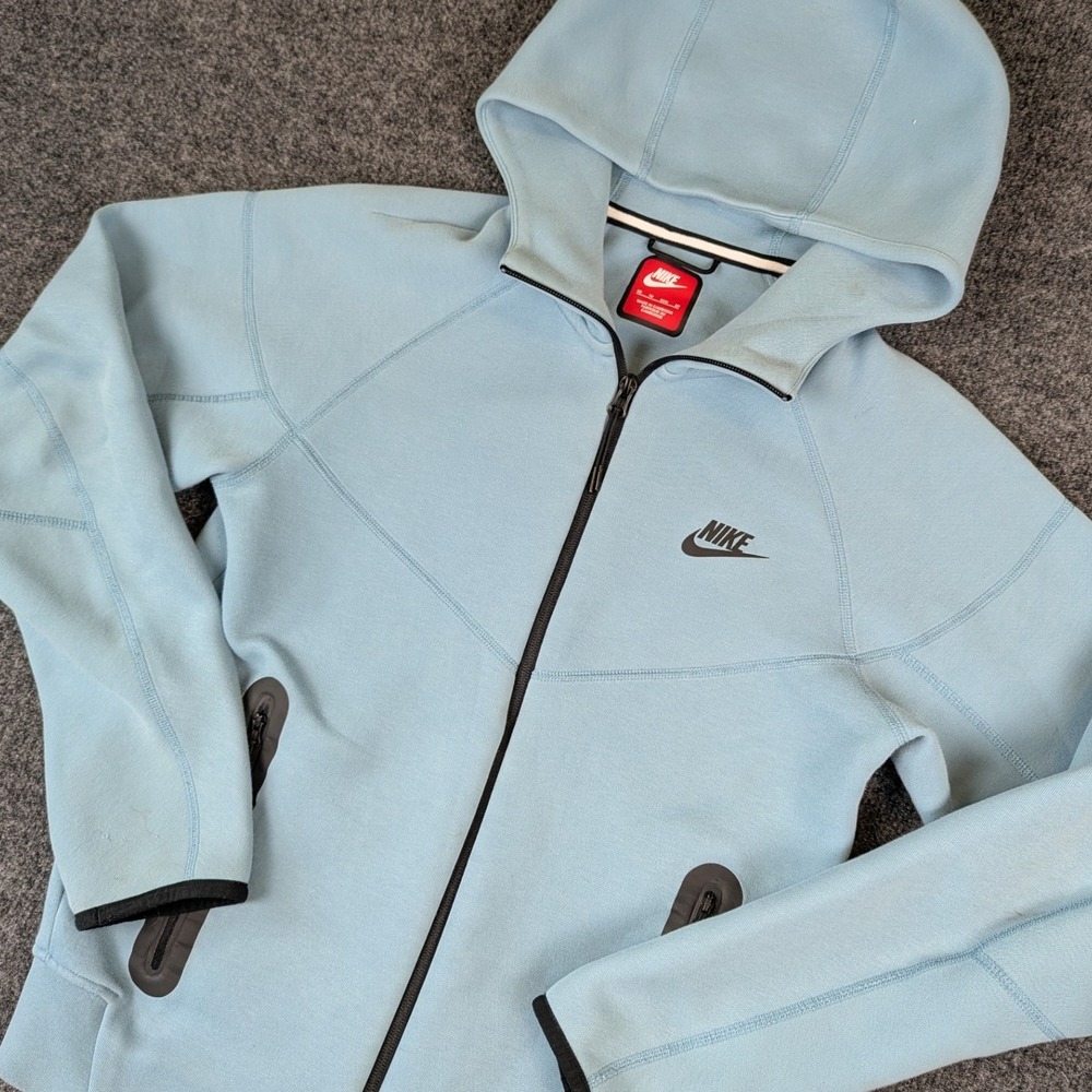 Nike Tech Fleece Full Zip Up Hoodie Light Blue Black Trim Womens XS